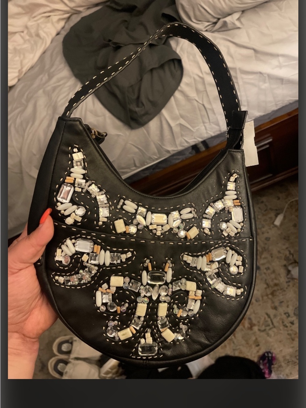Black Embellished Hobo Bag - Braccialini Genuine Leather